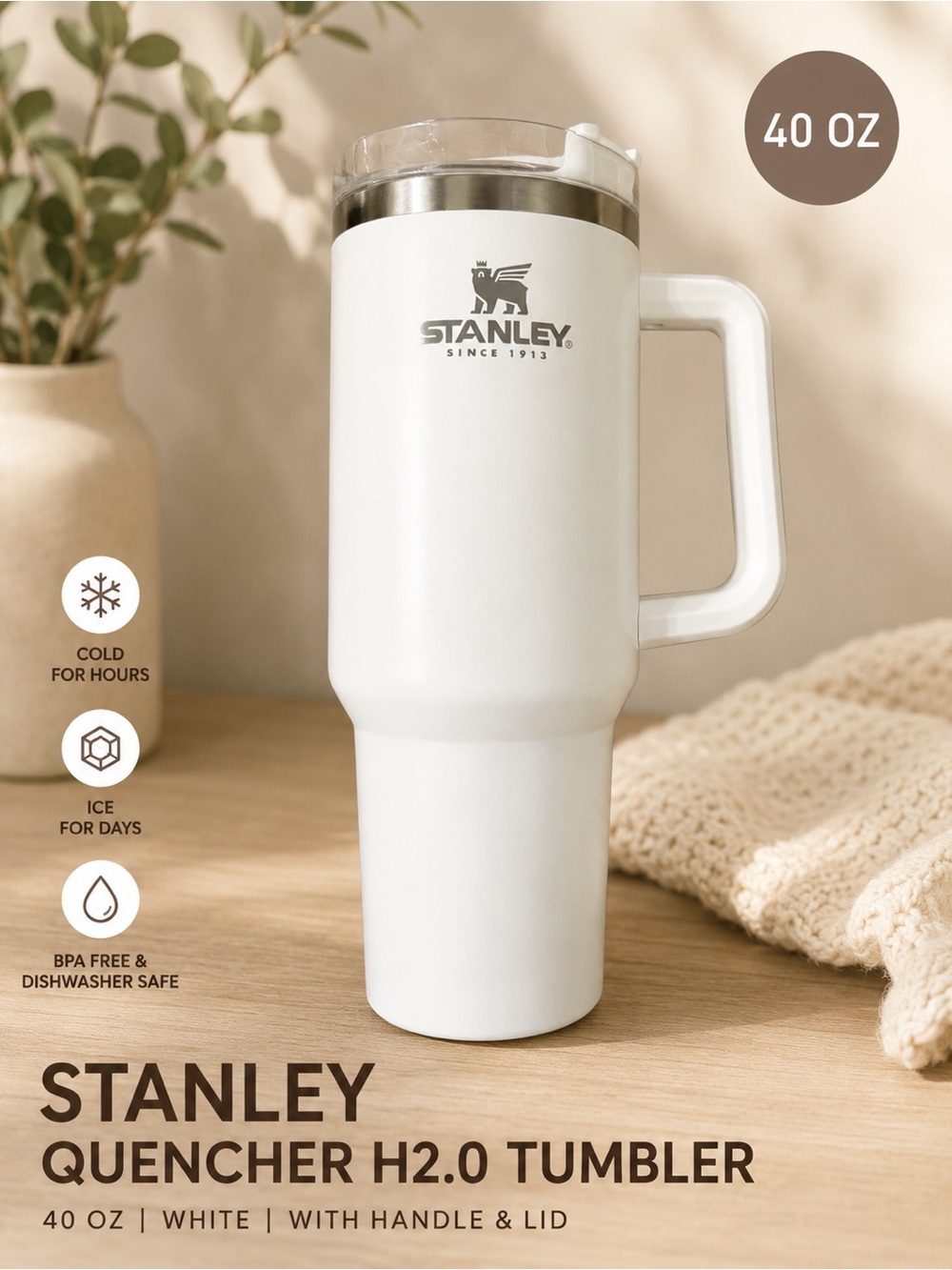 Stanley White 40 oz Travel Tumbler with Handle